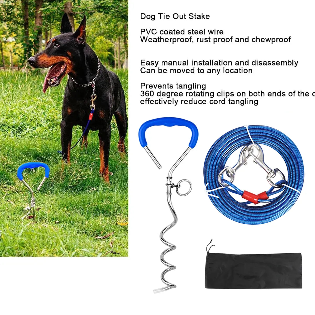 10m Dog Tie-Out Stake & Cable – Small to Medium Dogs