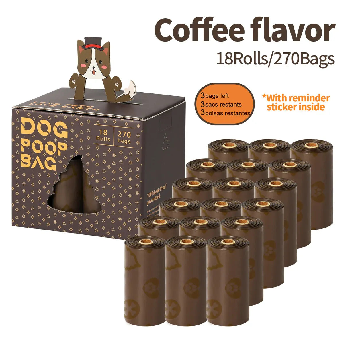 Coffee Scented Dog Poop Bags – 270 Pack, 18 Rolls