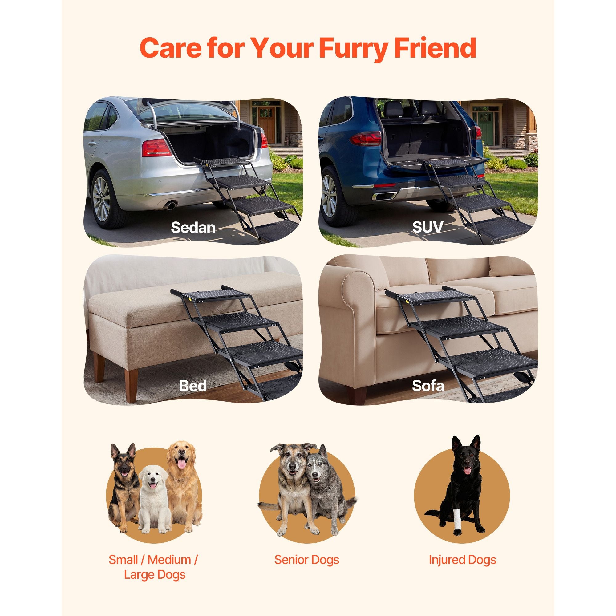Foldable Dog Stairs for Cars – 4 Steps, 113kg Capacity